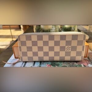 Authentic Louis Vuitton Damier Azur Clemence Long Wallet Rose Ballerine Lining